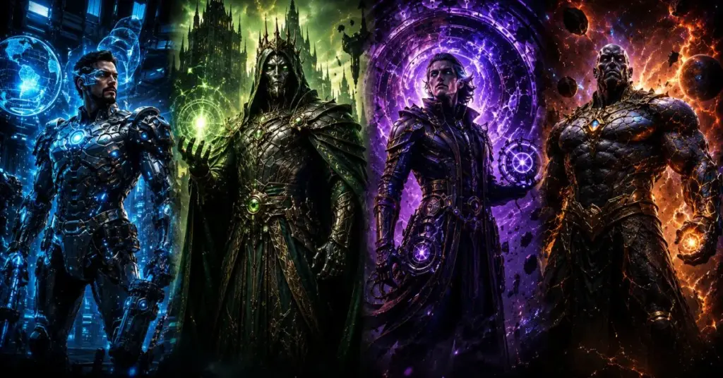 Doctor Doom vs Iron Man vs Kang vs Thanos infographic comparing their powers, abilities, intelligence, strategy, and strengths in Marvel Comics