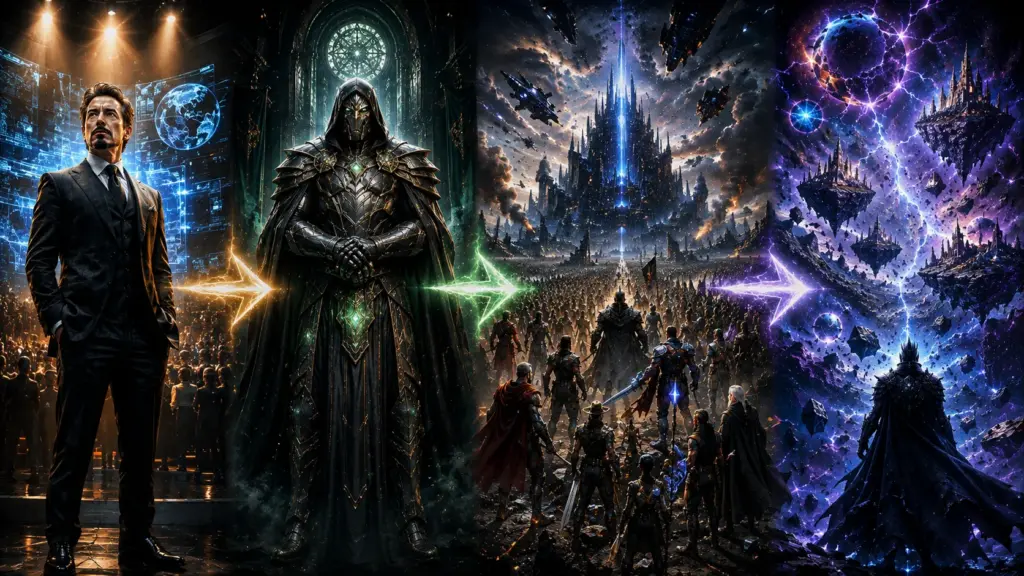 MCU Doctor Doom timeline infographic explaining Robert Downey Jr as Doctor Doom, Avengers: Doomsday, Avengers: Secret Wars, and the Marvel Multiverse Saga