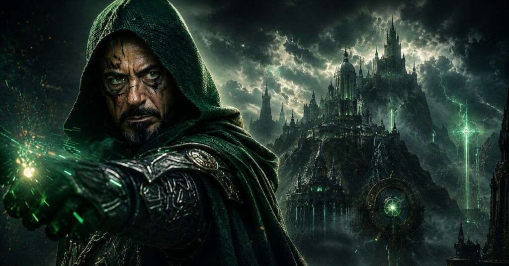 Robert Downey Jr Doctor Doom Explained in Hindi featuring Doctor Doom in dark armor seated before Latveria castle with mystical green energy