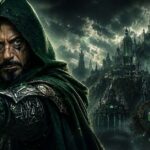 Robert Downey Jr Doctor Doom Explained in Hindi featuring Doctor Doom in dark armor seated before Latveria castle with mystical green energy
