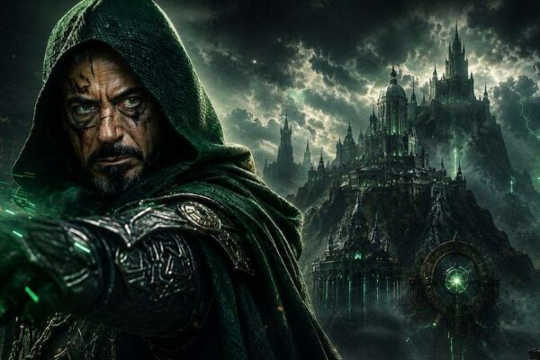 Robert Downey Jr Doctor Doom Explained in Hindi featuring Doctor Doom in dark armor seated before Latveria castle with mystical green energy